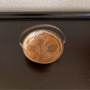 Vintage Enameled Brass Trinket Bowl – Floral Basket Design with folding handle